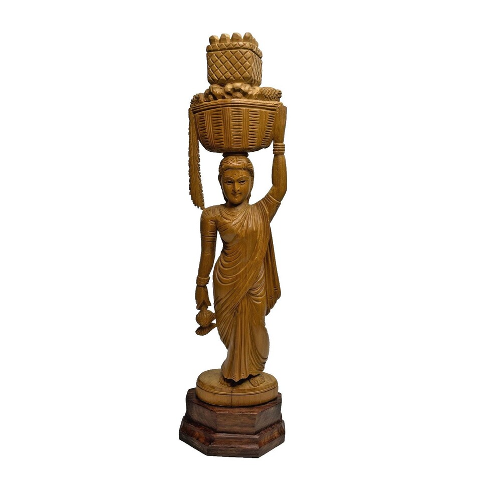 Vintage Indian Mysore Sandalwood Carved Harvest Girl Art Figurine 11.5" H